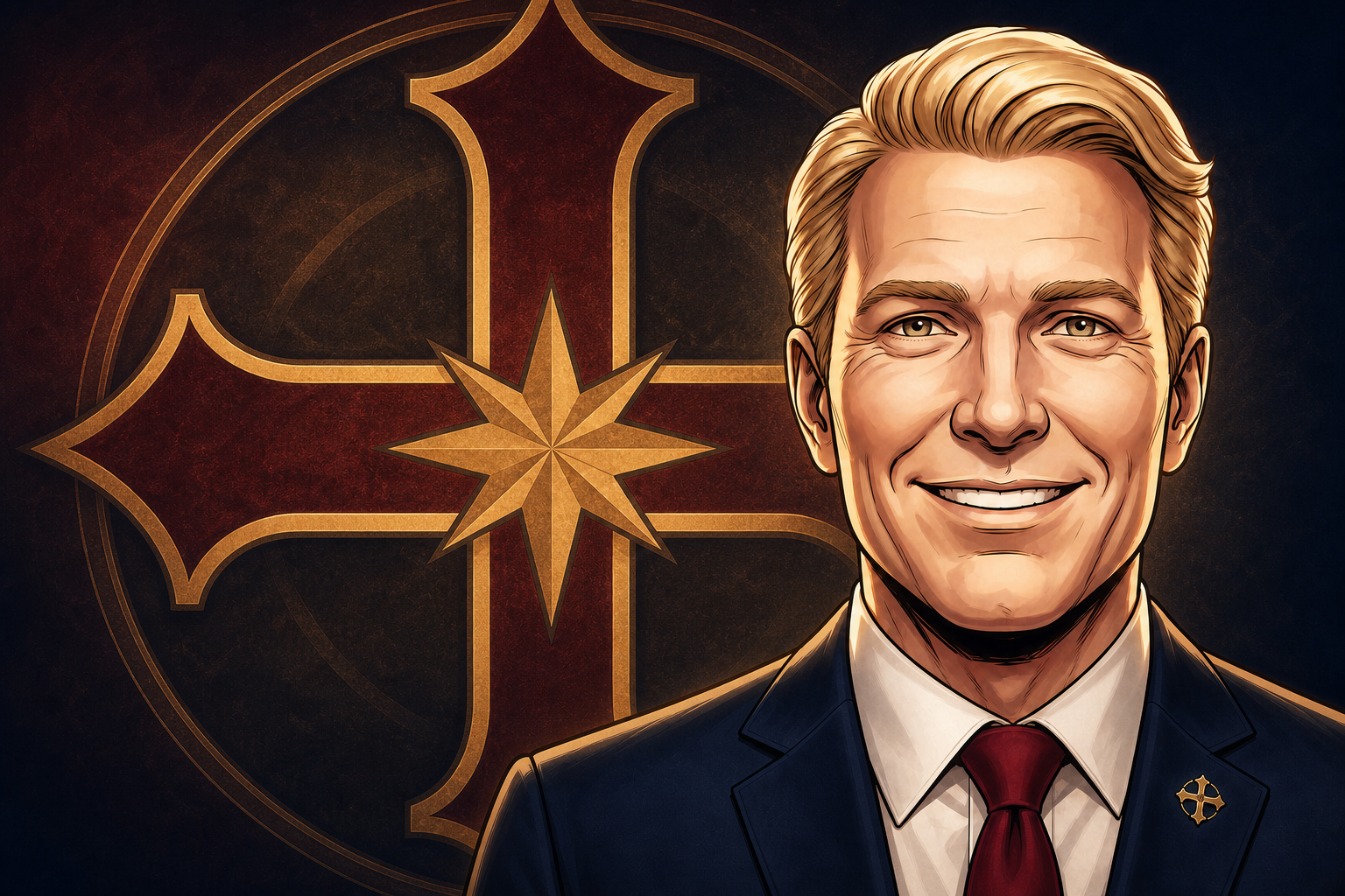 Official portrait of the Eternal Leader before the flaming cross-and-star seal