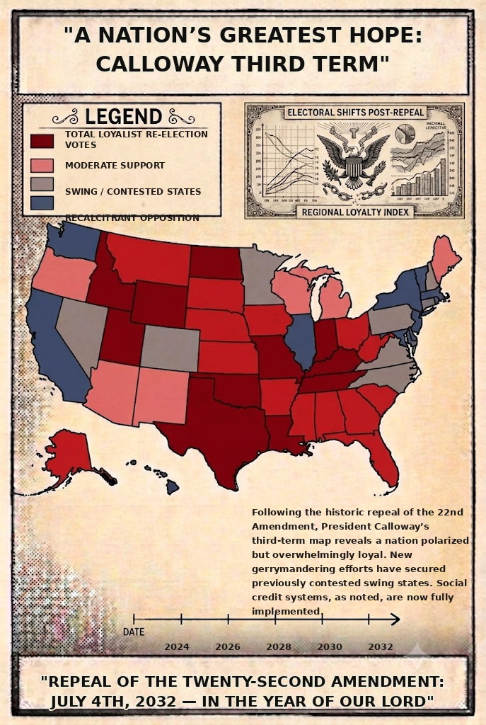 Official 2032 map showing state support for repeal of the Twenty-Second Amendment and President Calloway's third term