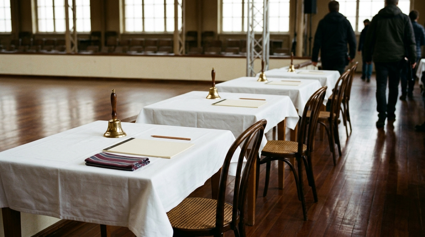 THE JUDGES’ ROW — Season 1 · Brass bells, blank score pads & aligned pencils