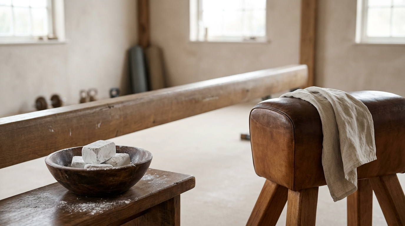 COOLDOWN HALL — Season 1 · Balance beam, magnesium chalk & vaulting horse