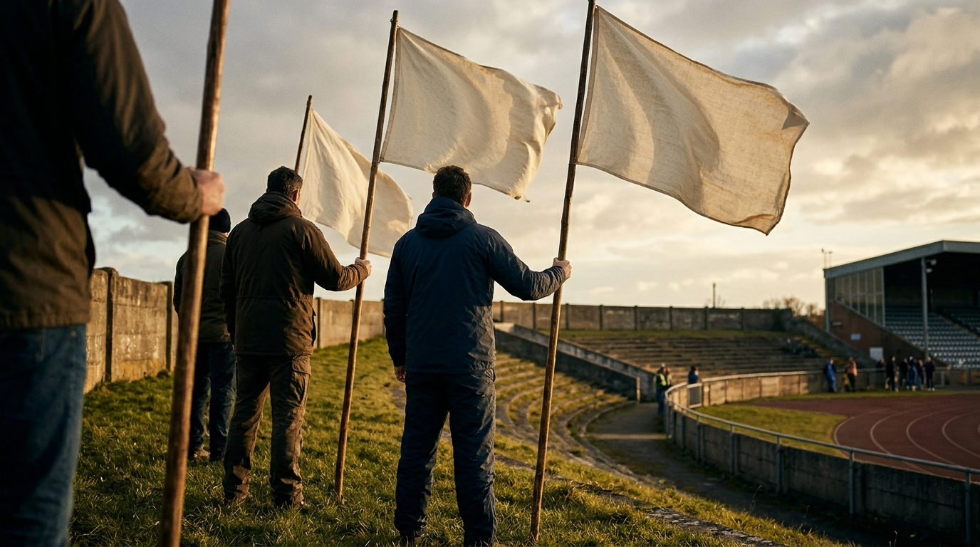 RAMPART IN THE WIND — Season 1 · Heavy cream banners against late-afternoon sky