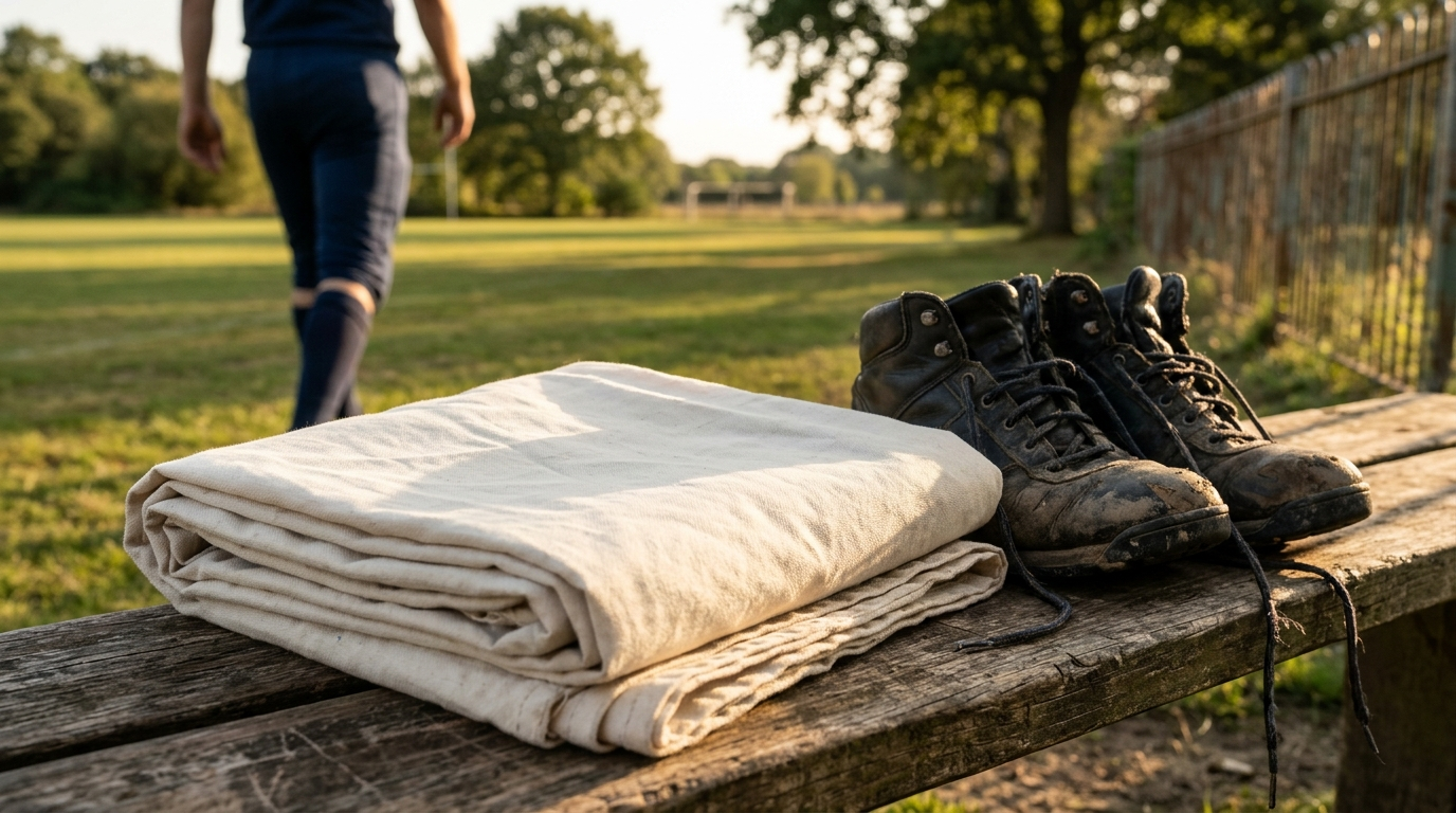 BEFORE THE MARCH — Season 1 · Folded linen banner & scuffed cleats on the bench