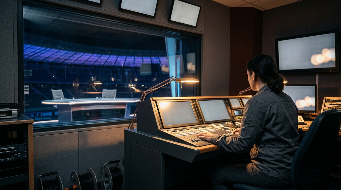CONTROL ROOM GLASS — Season 1 · Technical console overlooking the studio desk