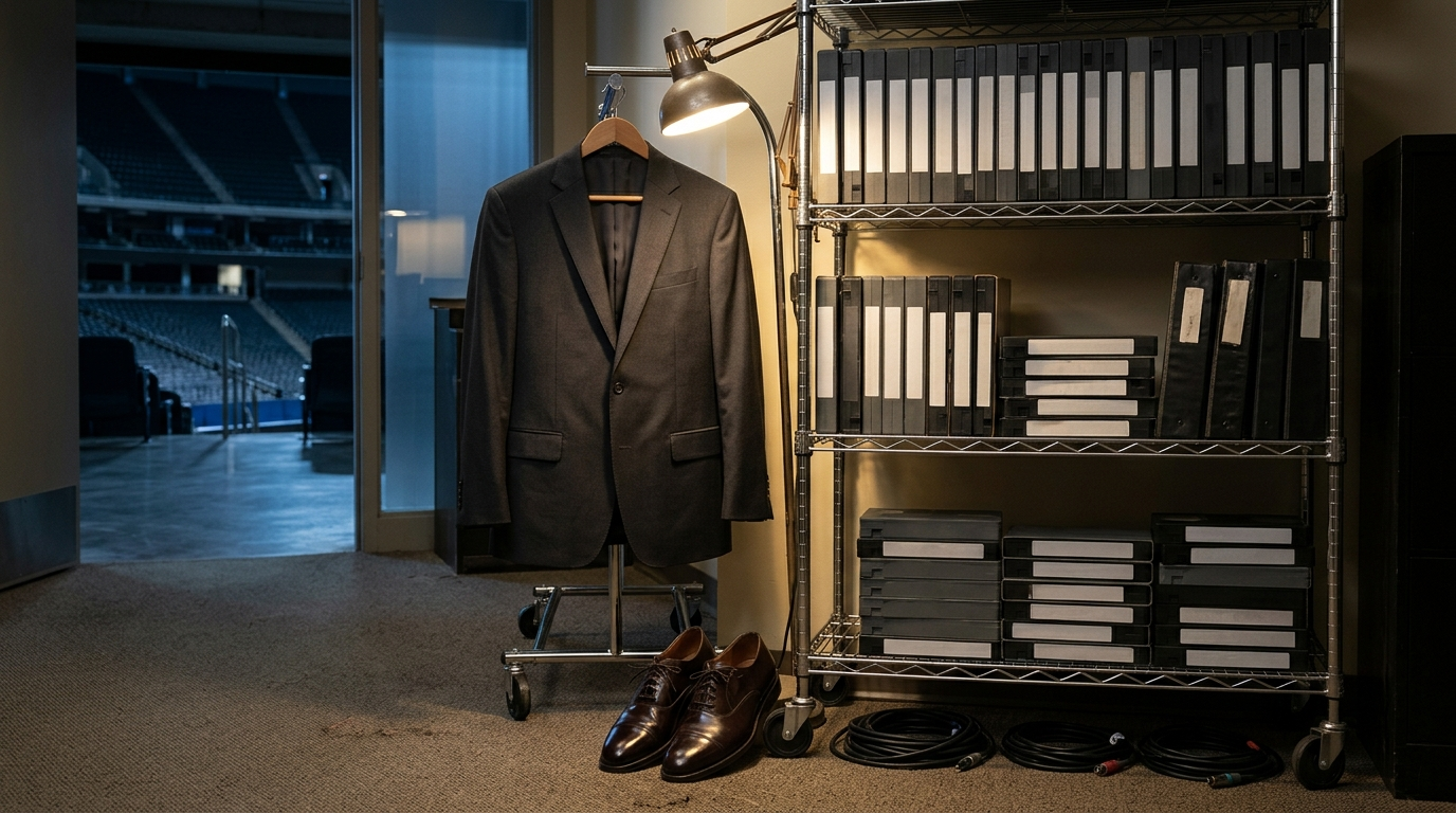 ARCHIVAL TAPE RACK — Season 1 · Broadcast tapes & formal wardrobe backstage