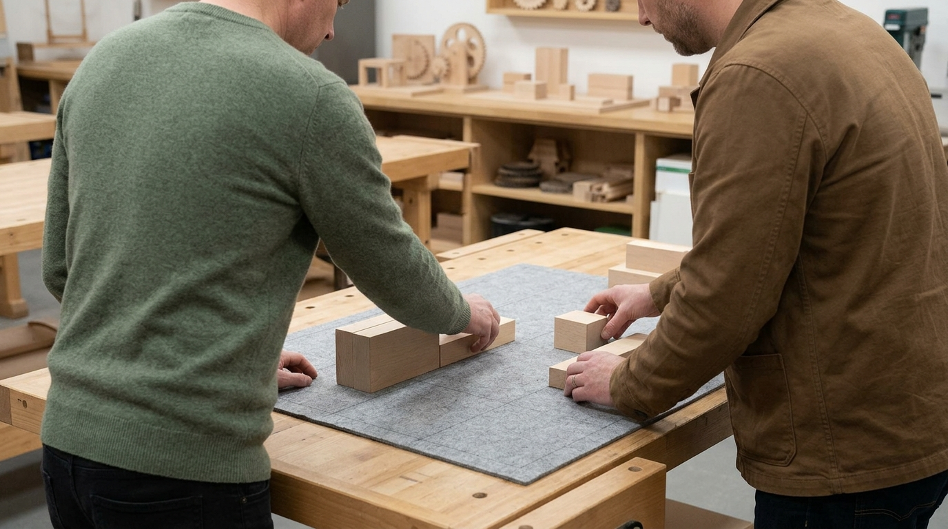 TABLETOP WALKTHROUGH — Season 1 · Wooden blocks positioned on an unlined felt mat