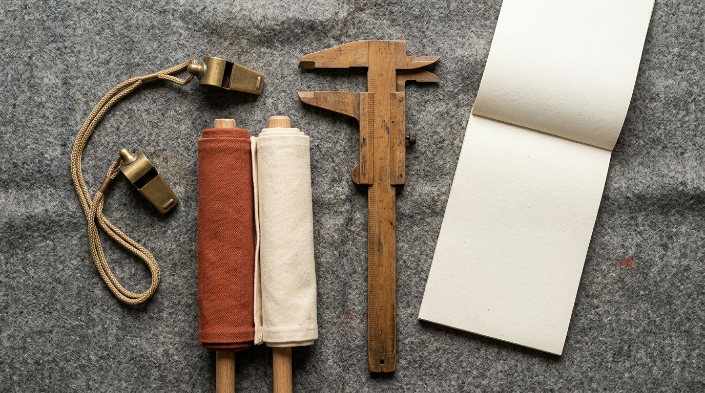 TOOLS OF THE CALL — Season 1 · Brass whistle, solid cloth flags & measuring caliper