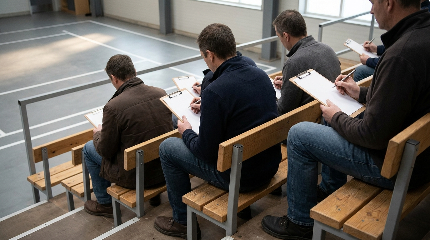 TRAINEE BLEACHERS — Season 1 · Junior officials taking notes on blank clipboards