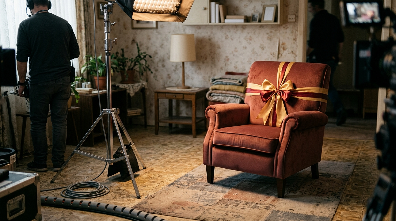 RIBBON IN THE PARLOR — Season 1 · Velvet armchair amid softboxes & worn linoleum