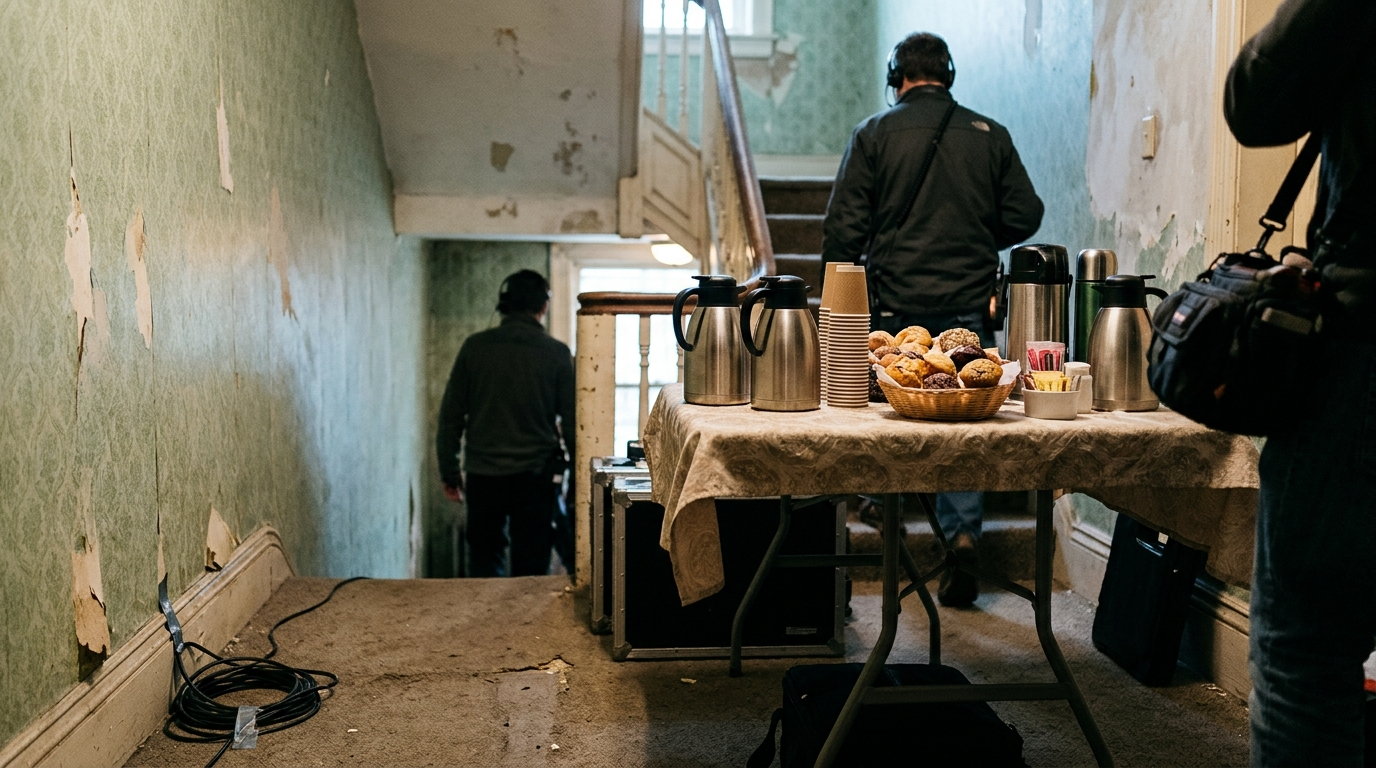 CREW CATERING — Season 1 · Silver espresso carafes in the apartment stairwell