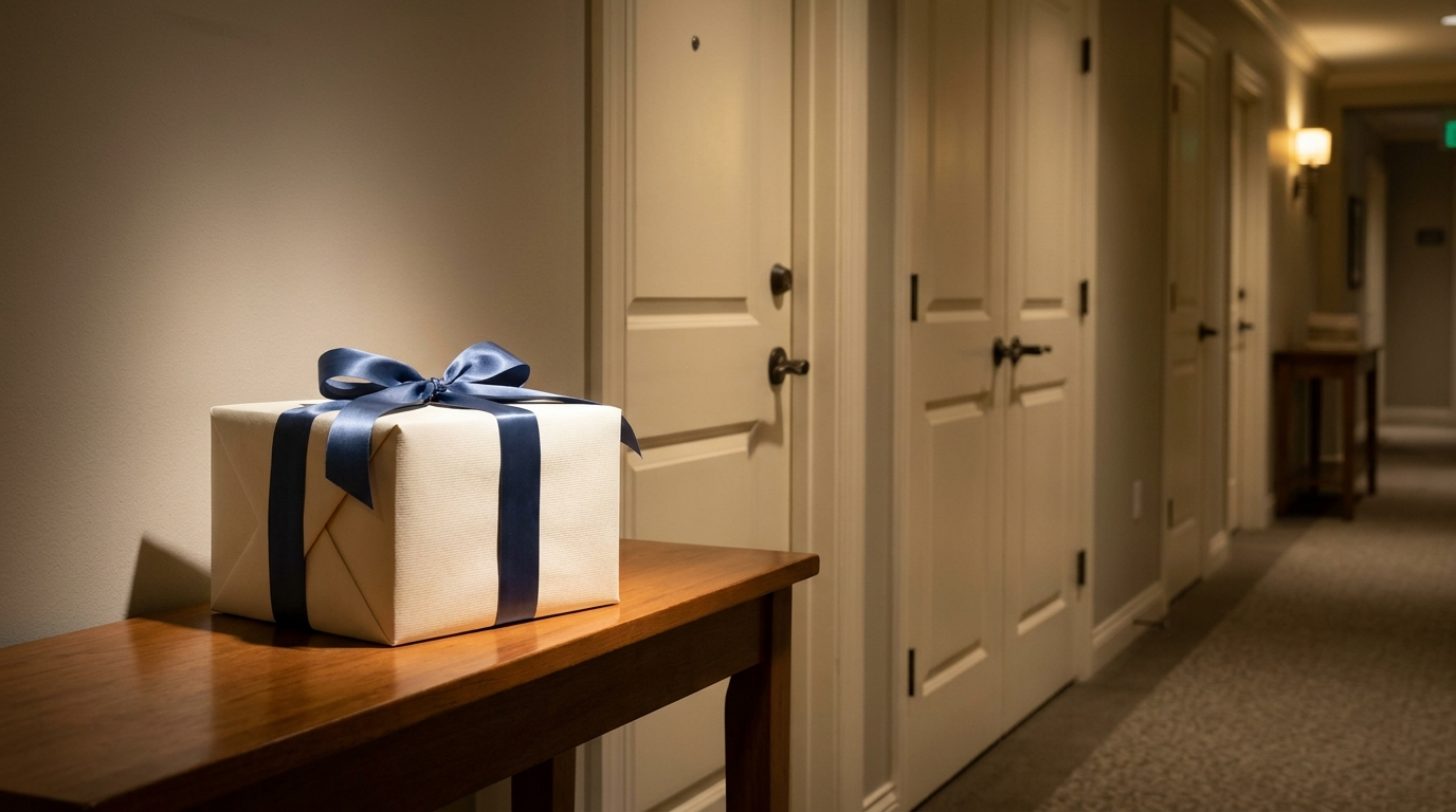 ONE CHOSEN DOOR — Season 1 · Immaculate gift box under spotlight in an ordinary corridor