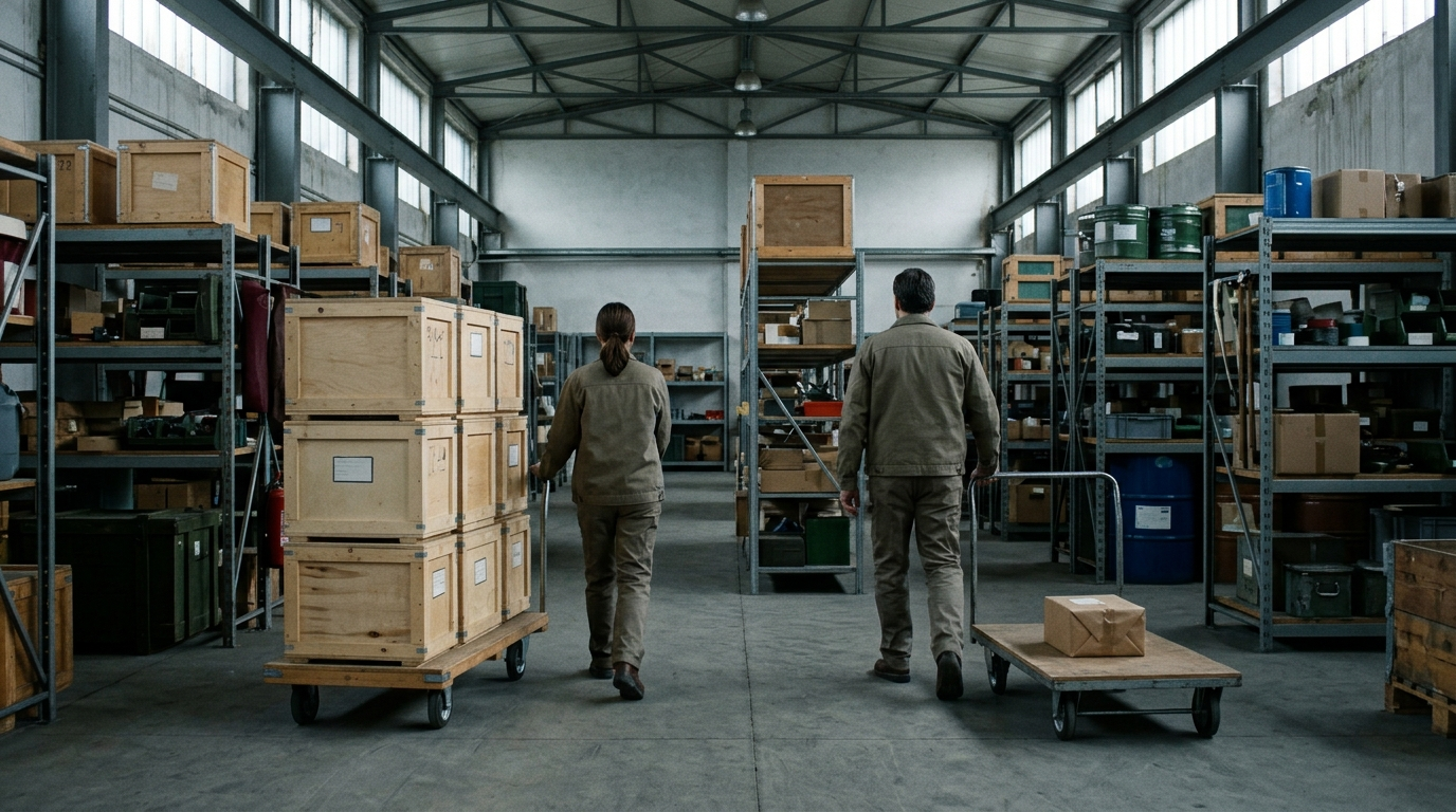 TWO AISLES — Original Movie · High crates and a single small parcel in the warehouse
