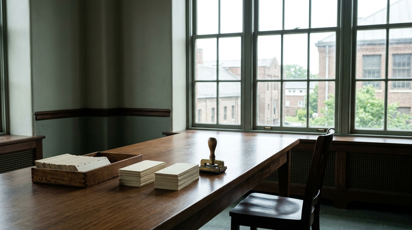 THE REVIEW CHAMBER — Original Movie · Walnut table, blank punch-cards & brass stamp