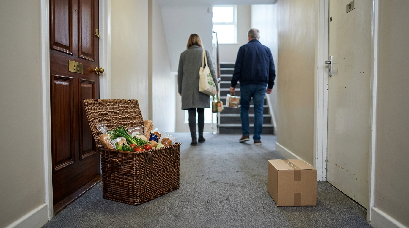 DELIVERY HOUR — Original Movie · Wicker hamper and plain ration box across the corridor