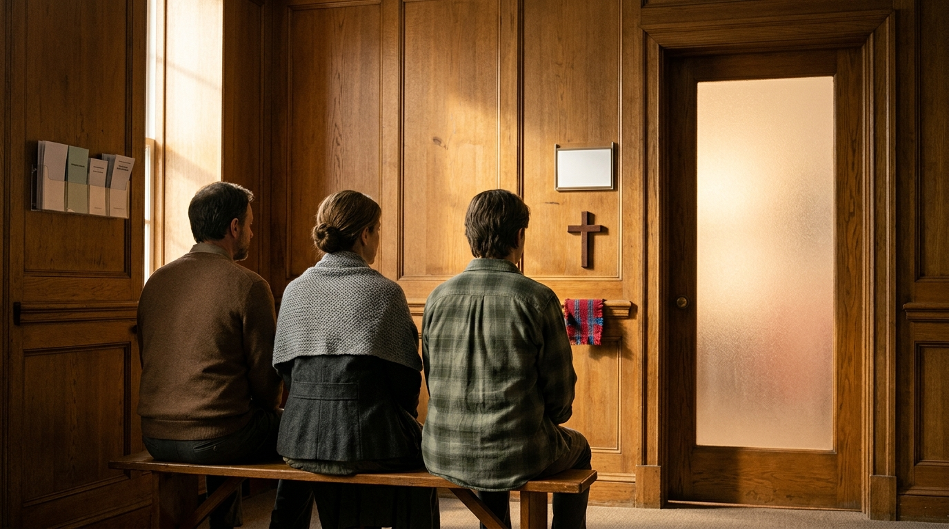 THE WAITING BENCH — Season 1 · Wood-panelled vestibule & frosted office glass