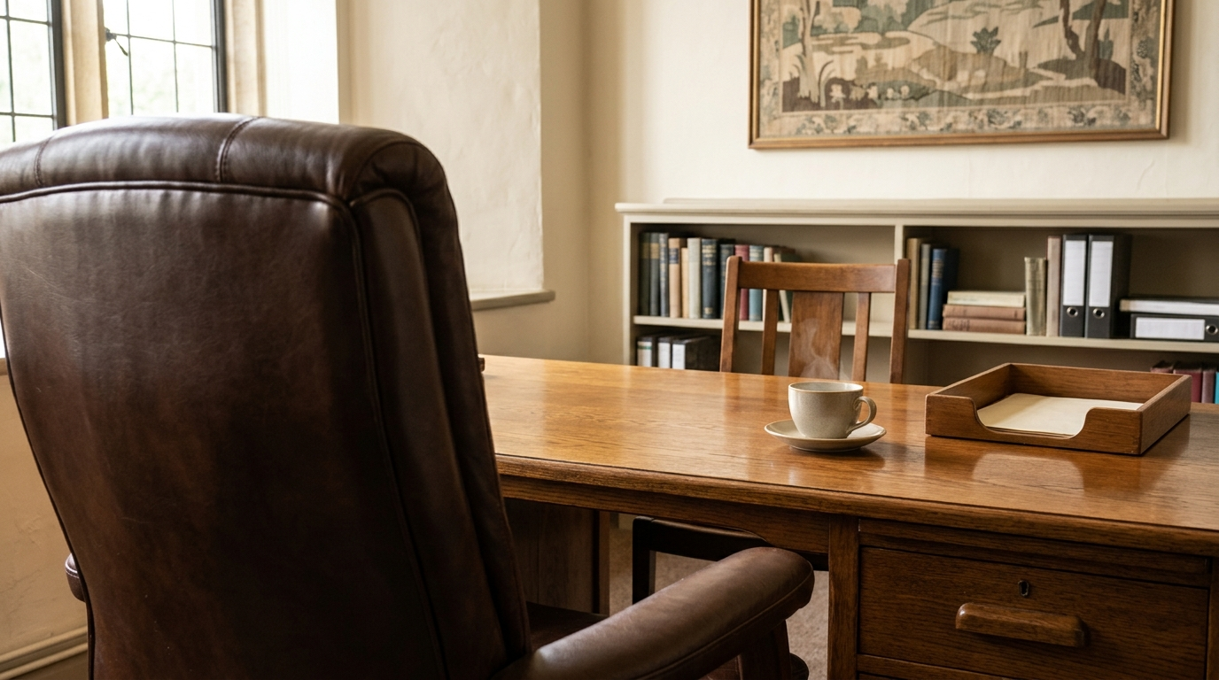 ACROSS THE OAK DESK — Season 1 · Counselor’s leather chair, teacup & filing tray