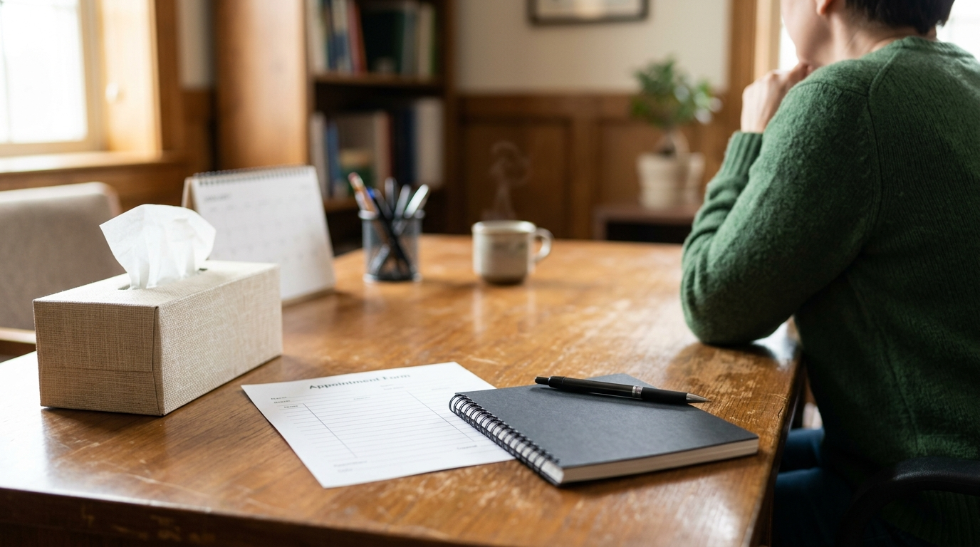 ON THE DESK — Season 1 · Tissue box, blank appointment form & closed notebook