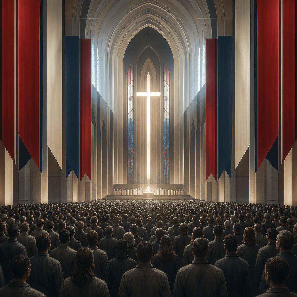 A congregation gathered beneath a luminous cross and red, white and blue banners in a monumental worship hall