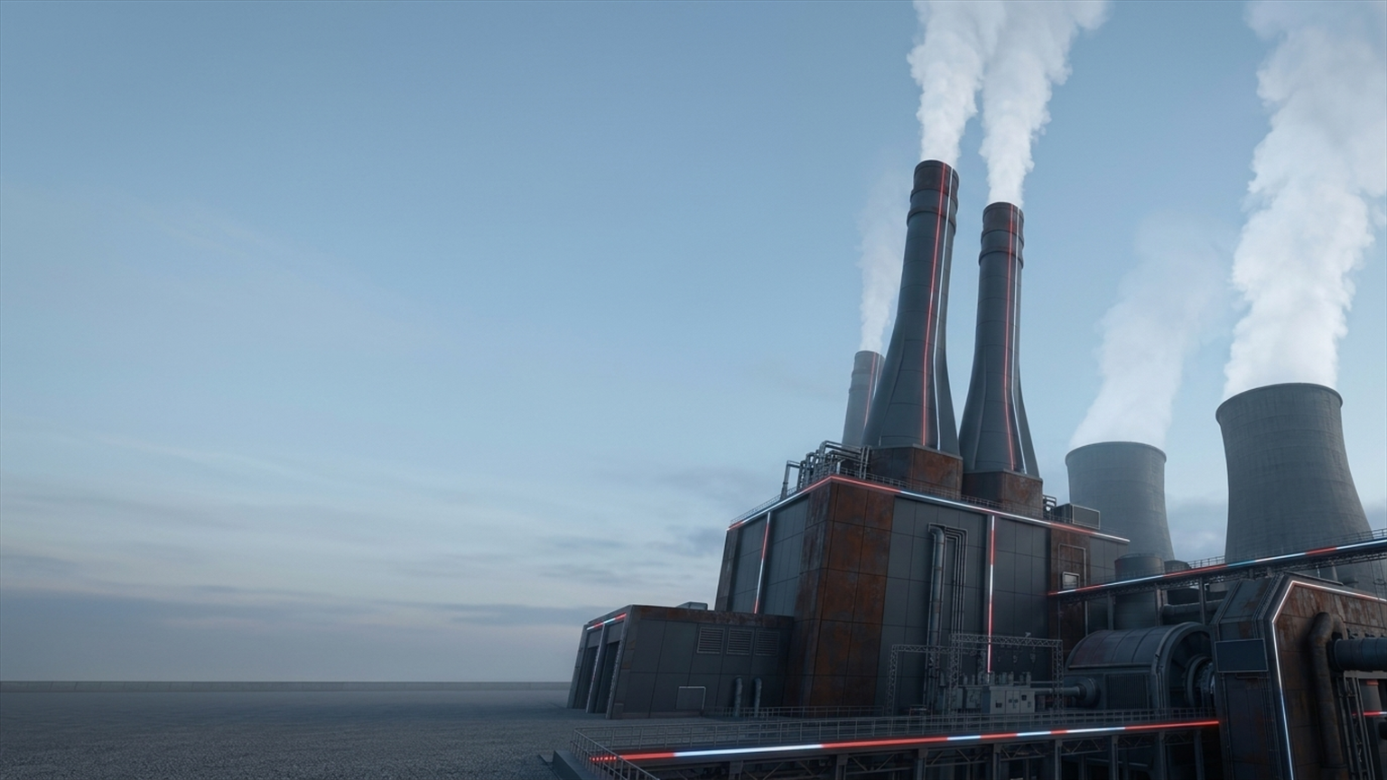 Operating fossil-fuel power station at dawn with monumental turbine halls and rising smoke plumes