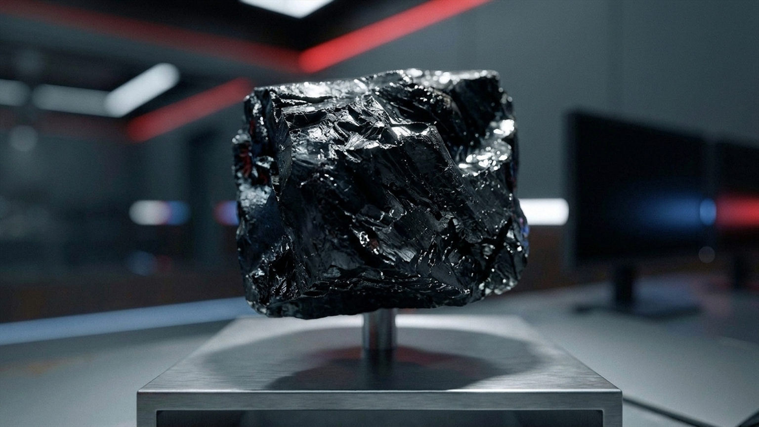 A piece of domestic coal displayed under a museum-quality spotlight on a clean control-room console