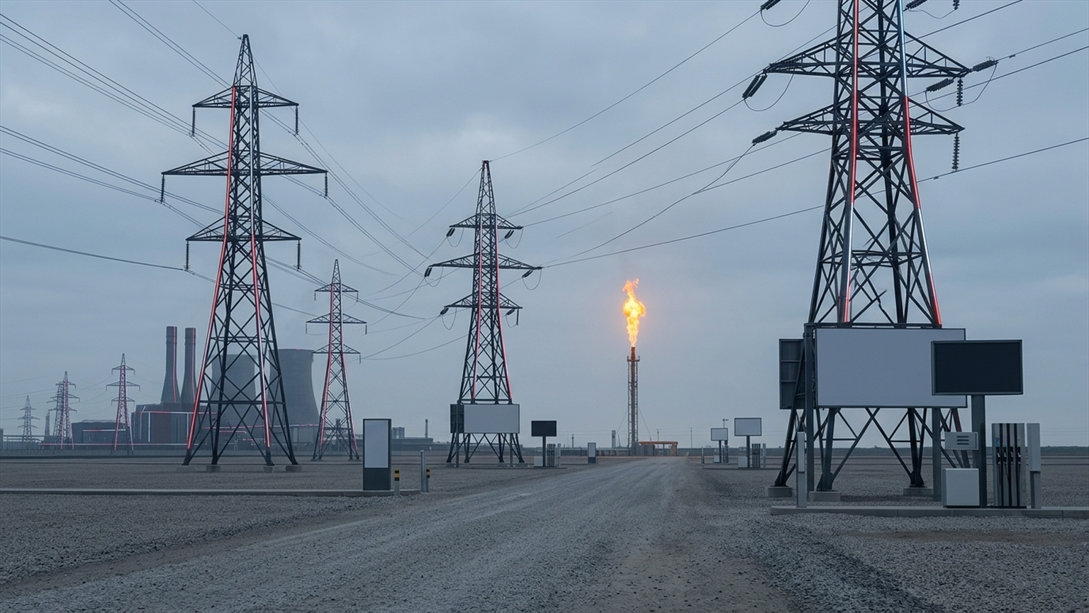 Refinery flare stack and high-voltage transmission corridor across a drained industrial horizon