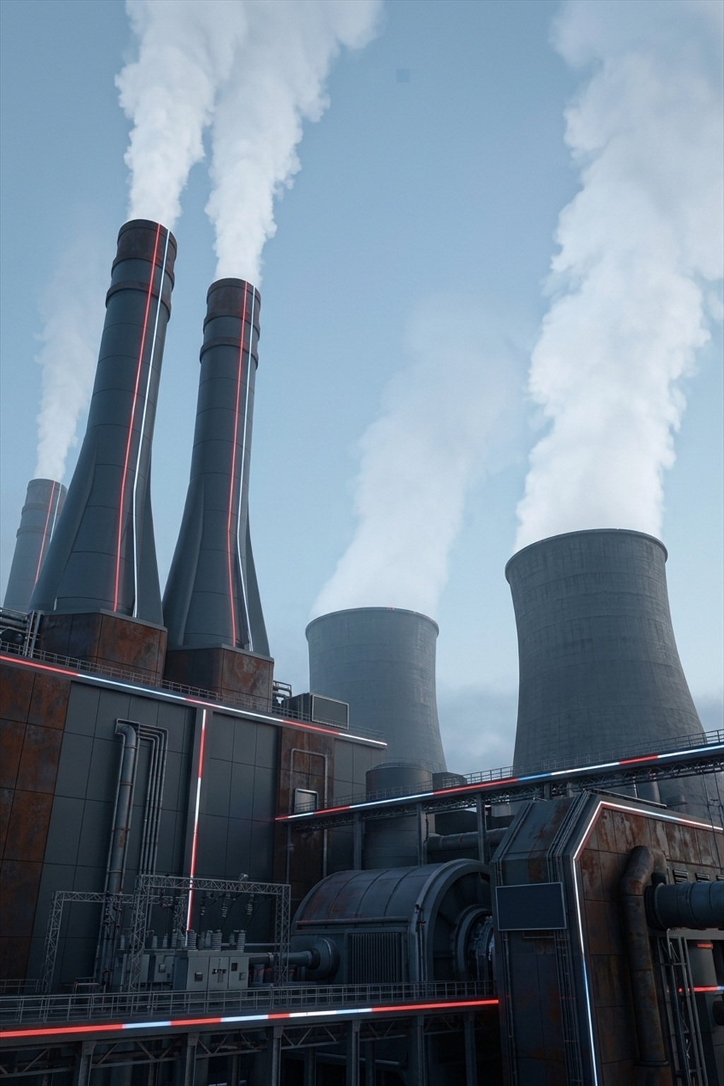Powering Greatness vertical key art poster showing monumental power-station smokestacks and turbines at dawn