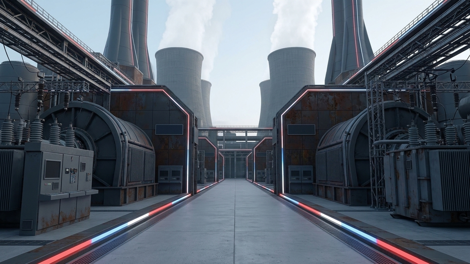 Architectural establishing view of the generating plant and cooling towers