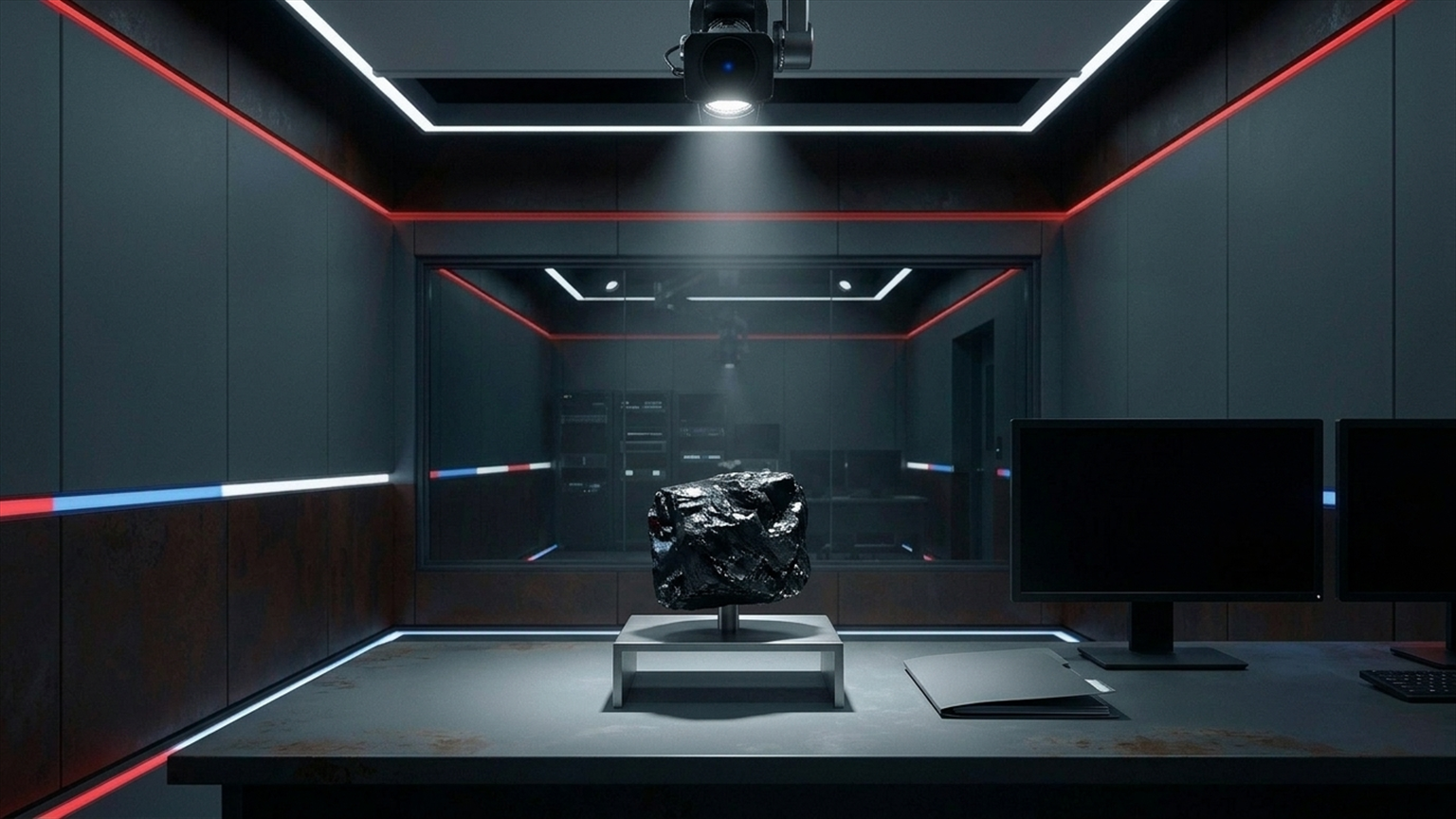 Spotlighted coal specimen on a control-room console