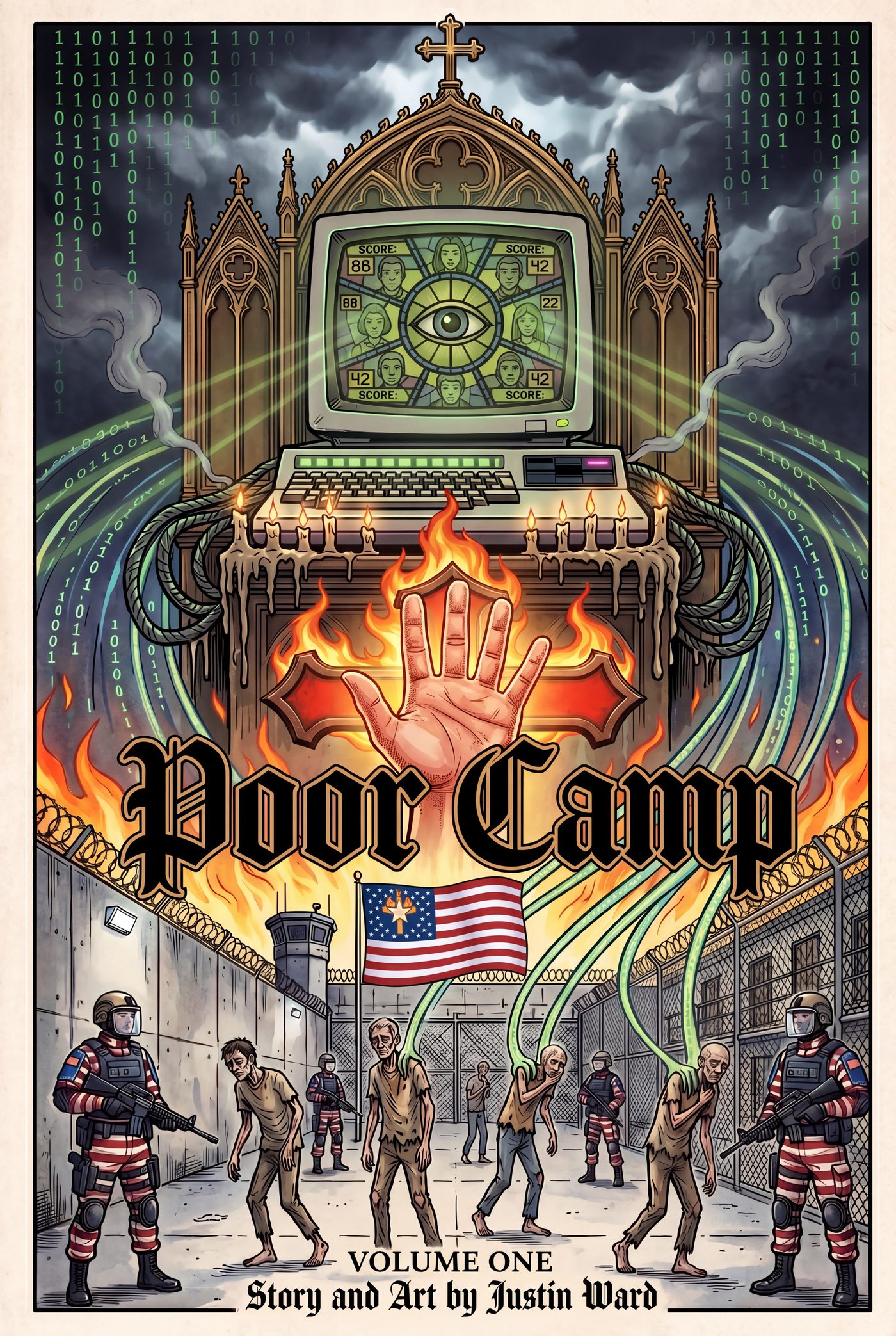 Poor Camp, Volume One — cover art by Justin Ward: a burning gothic cathedral fused with a retro computer terminal displaying citizen faith-compliance scores beneath an all-seeing eye, a flaming hand over a cross, a modified American flag, and ragged prisoners flanked by armored guards.