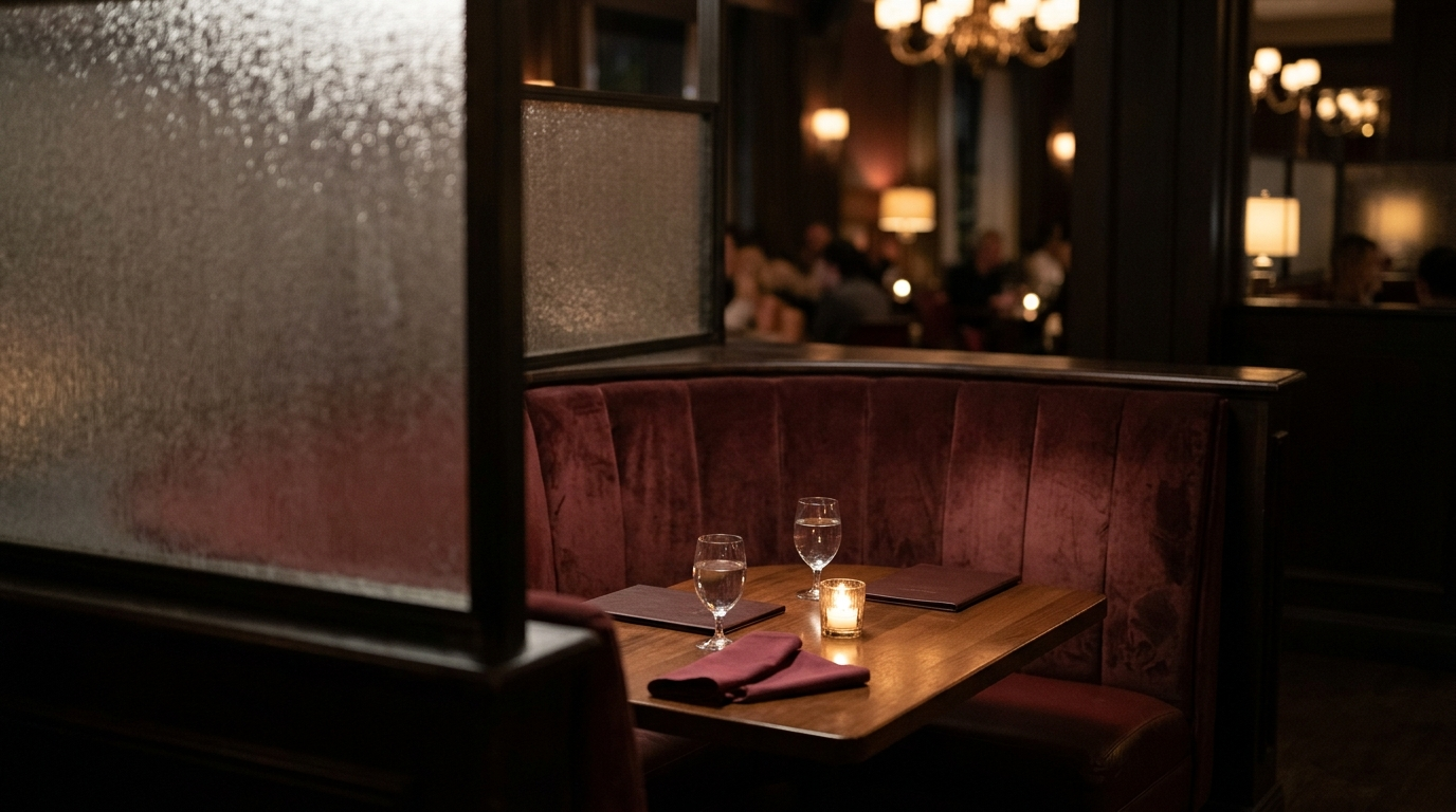 PRIVATE BOOTH — Season 1 · Burgundy velvet alcove after the guests step away