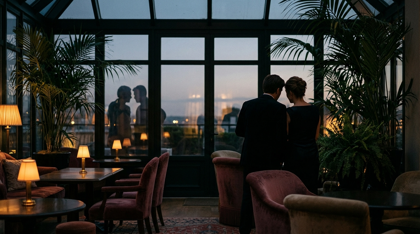 CONSERVATORY WHISPERS — Season 1 · Evening attire & reflected silhouettes