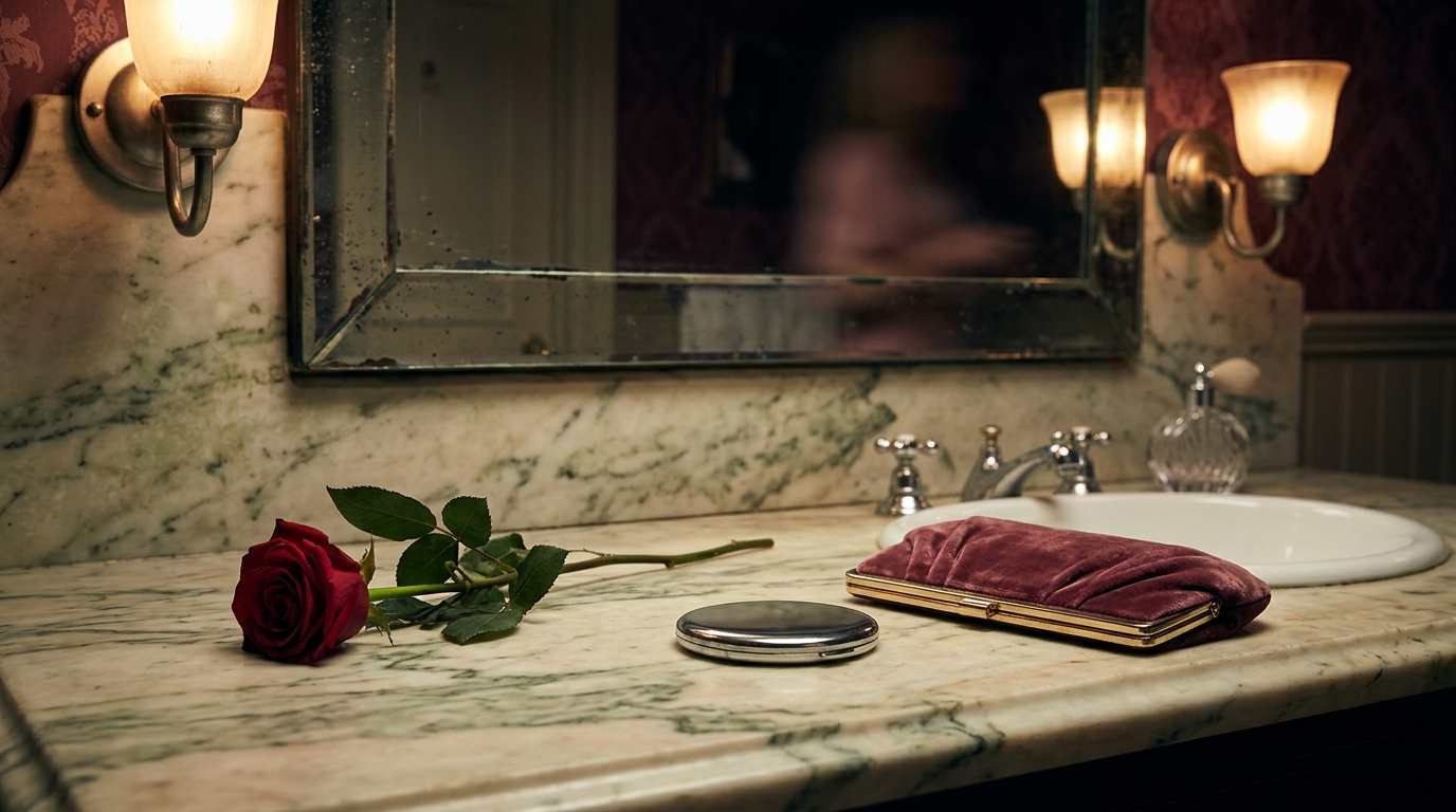 POWDER ROOM VANITY — Season 1 · Velvet clutch, compact mirror & single rose