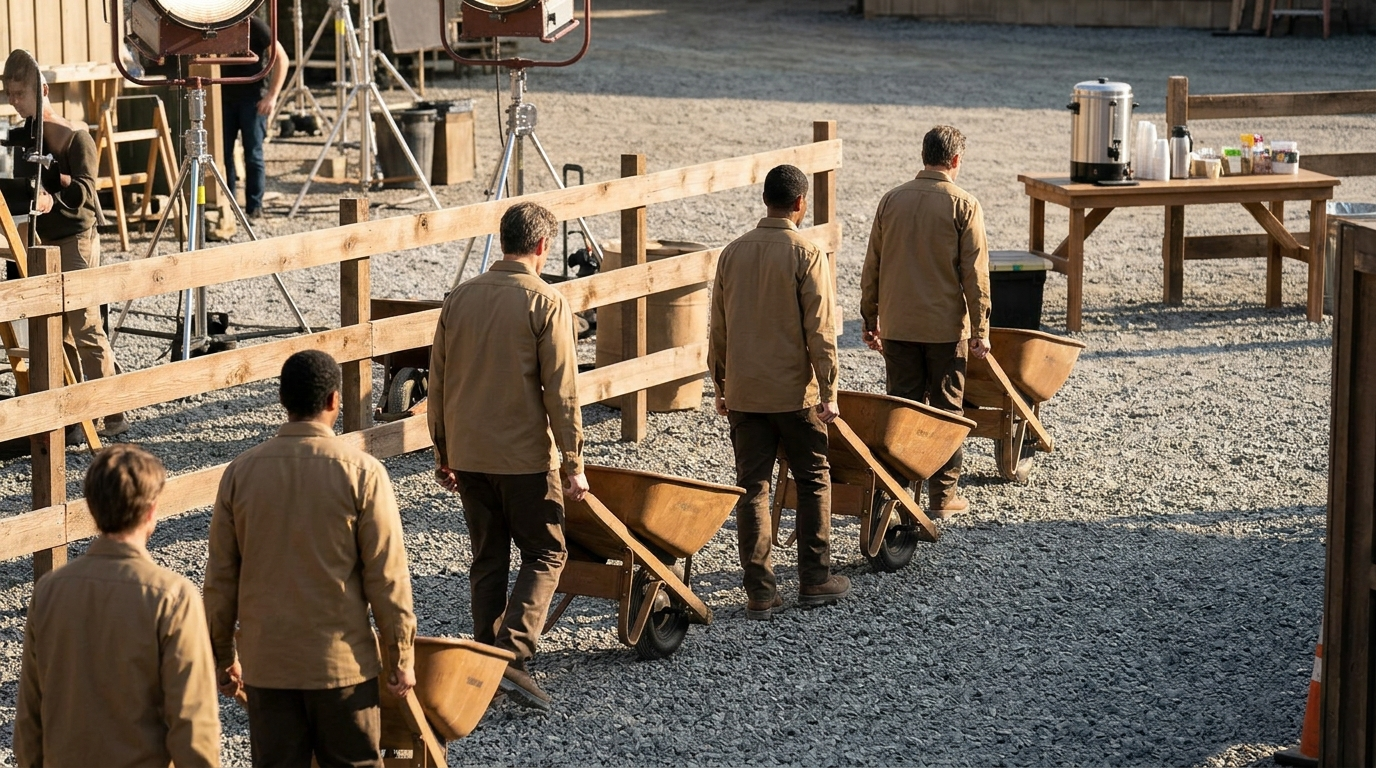 WHEELBARROW DUTY — Season 1 · Clean work shirts & studio scaffolding over the fence