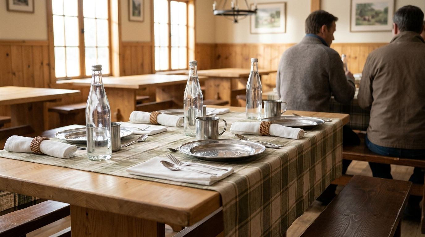 MESS HALL SERVICE — Season 1 · Tin plates beside crystal sparkling water & linen