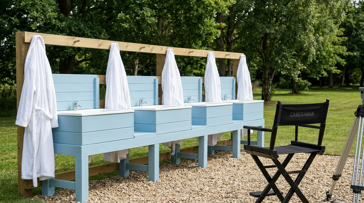 MORNING WASHUP — Season 1 · Painted washbasins, plush bathrobes & director’s chair