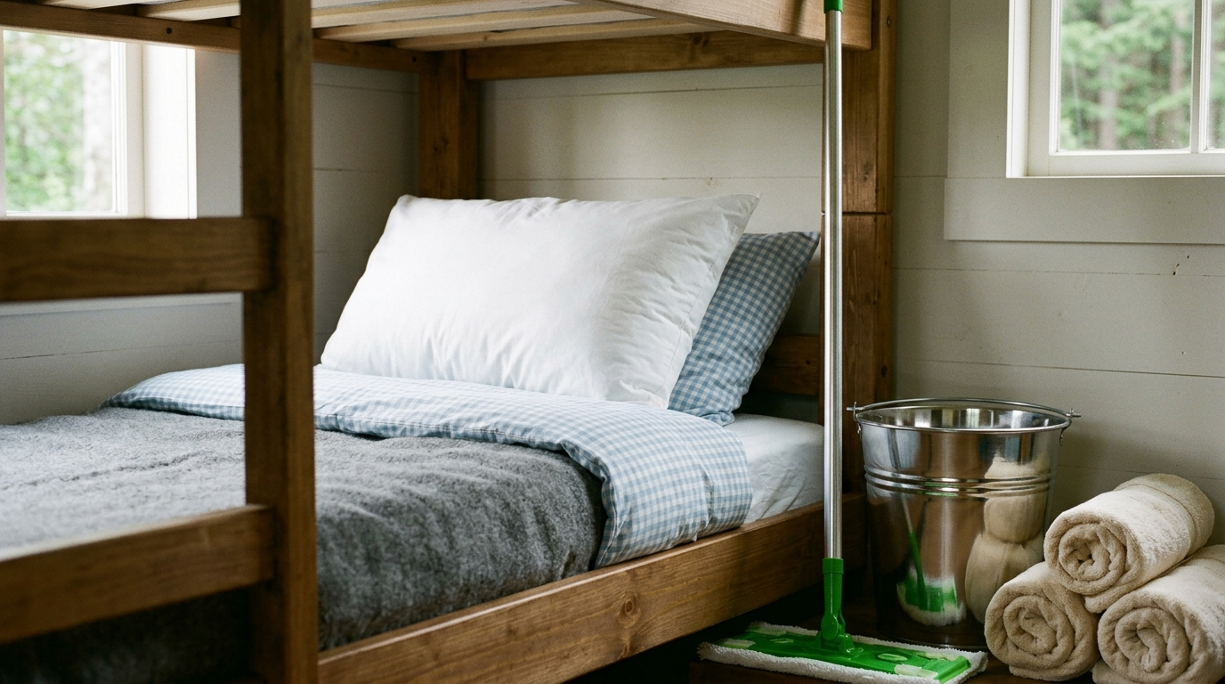 ROUGHING IT — Season 1 · Plush hotel pillow beside a mirror-polished mop bucket