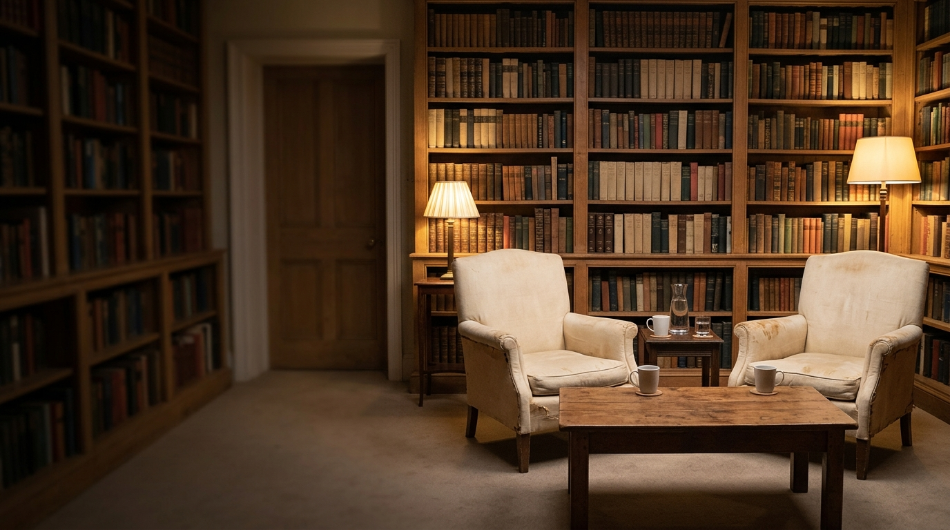 Intimate celebrity conversation salon with two plush armchairs, warm amber floor lamps, and twilight garden windows