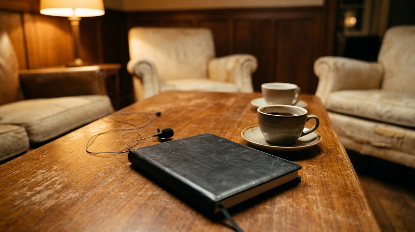 Close table-top detail of two porcelain teacups, an open linen-bound archival photo album with blank pages, and a discreet clip-on lavalier microphone