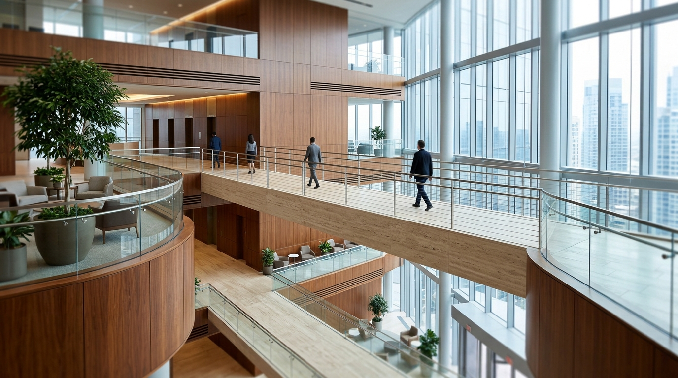 THE ATRIUM BRIDGE — Season 1 · Travertine walkways & walnut corporate tower
