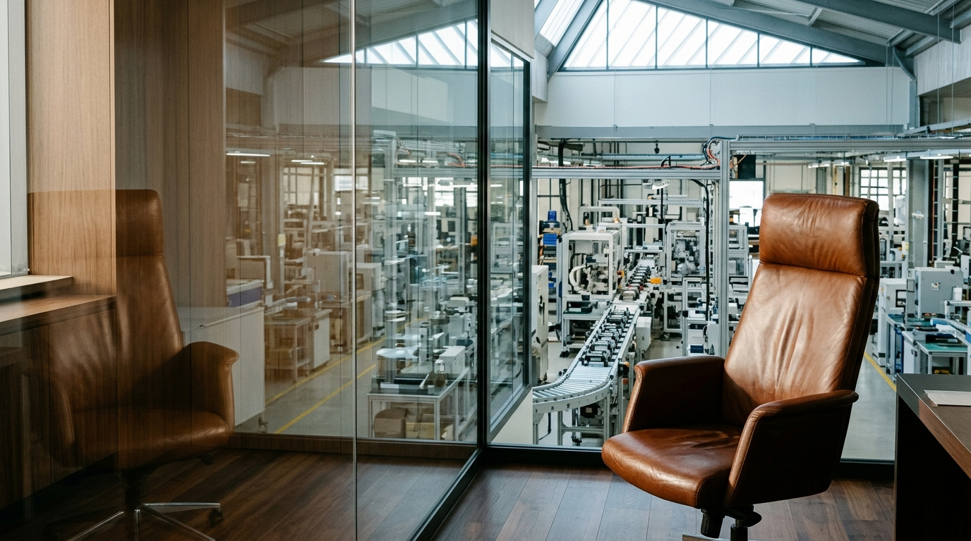 ABOVE THE LINE — Season 1 · Executive chair reflected in the plant observation window