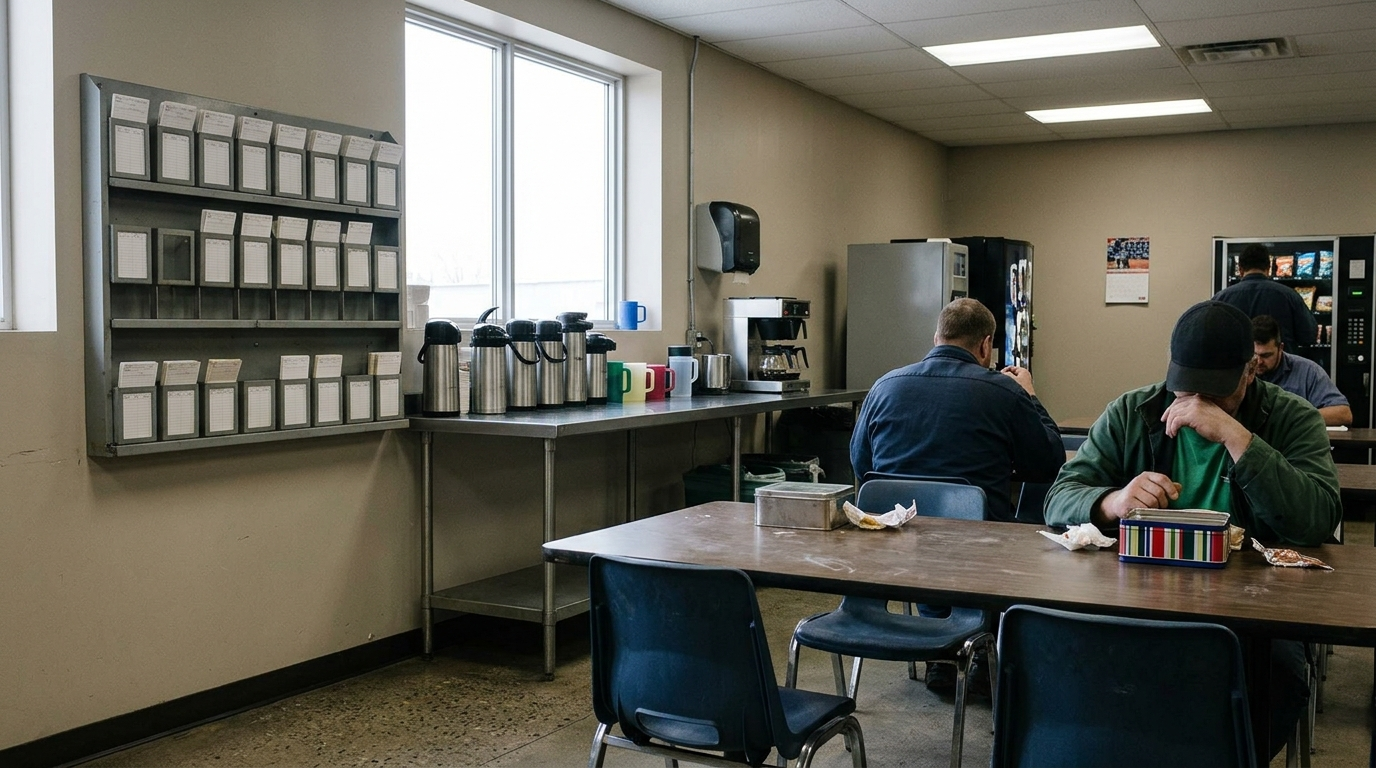BREAKROOM TIMECARDS — Season 1 · Stainless thermoses & shift punch rack