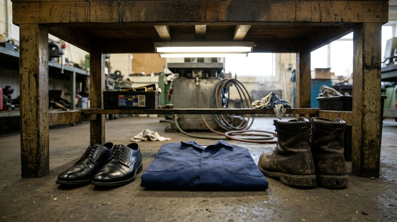 TWO PAIRS OF SHOES — Season 1 · Polished dress shoes beside scuffed work boots