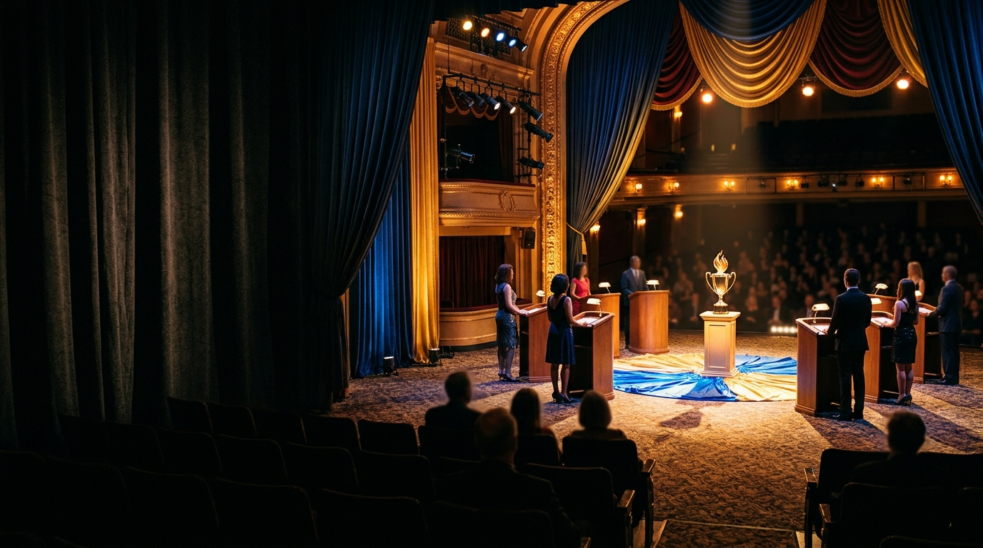 Prime-time celebrity competition arena with glowing contestant podiums, elevated judges' gallery, and tiered studio seating