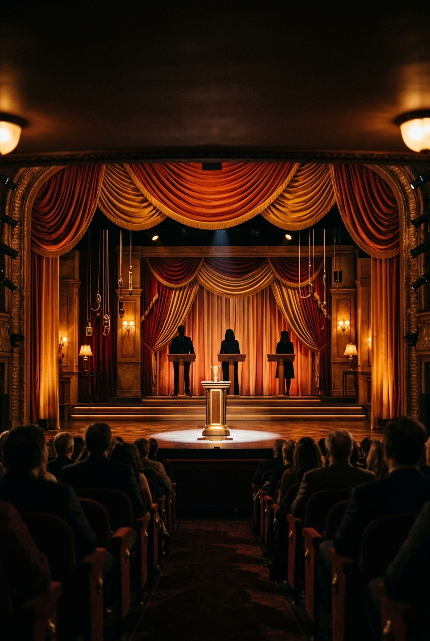 Stars of the Nation prime-time celebrity competition stage with three curved podiums