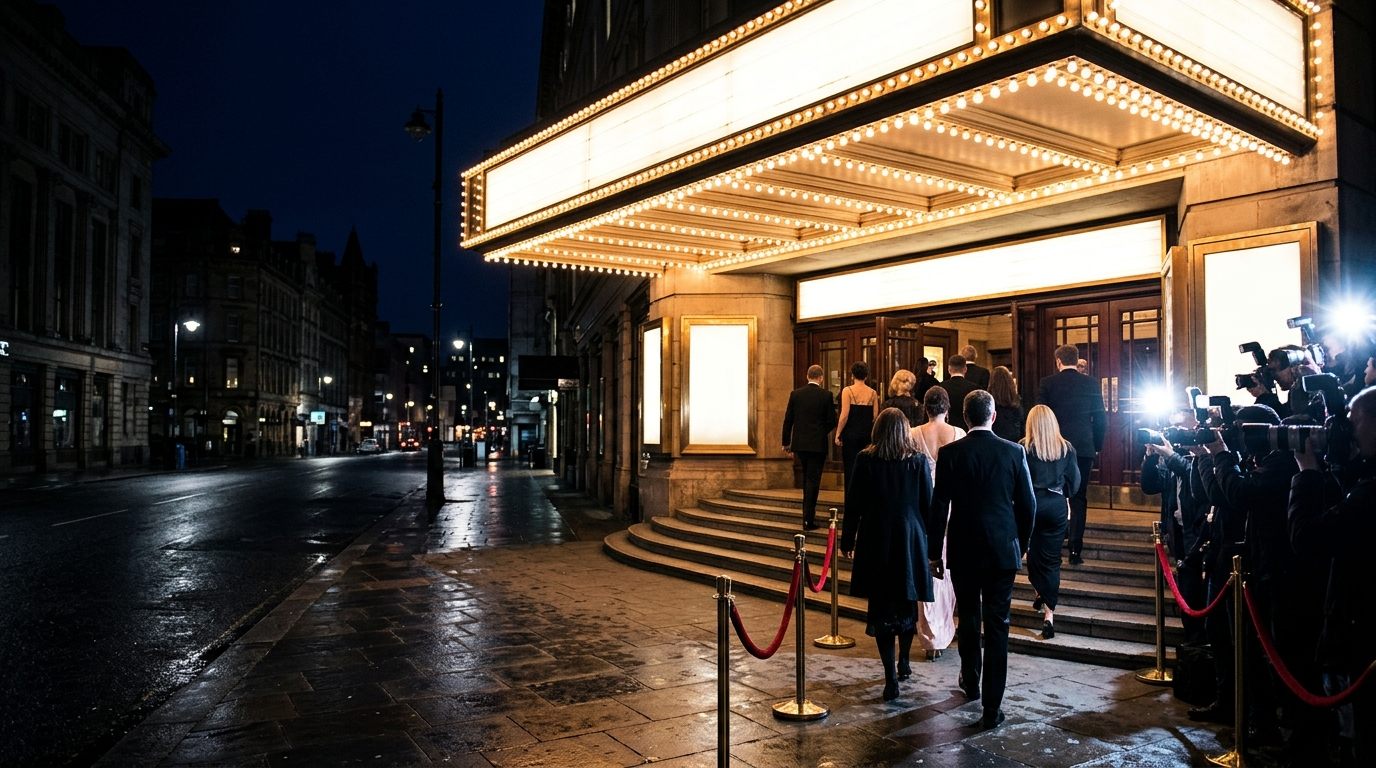 Starwire Tonight red-carpet arrival gallery with velvet ropes, warm golden camera flashbulbs, and formal evening silhouettes