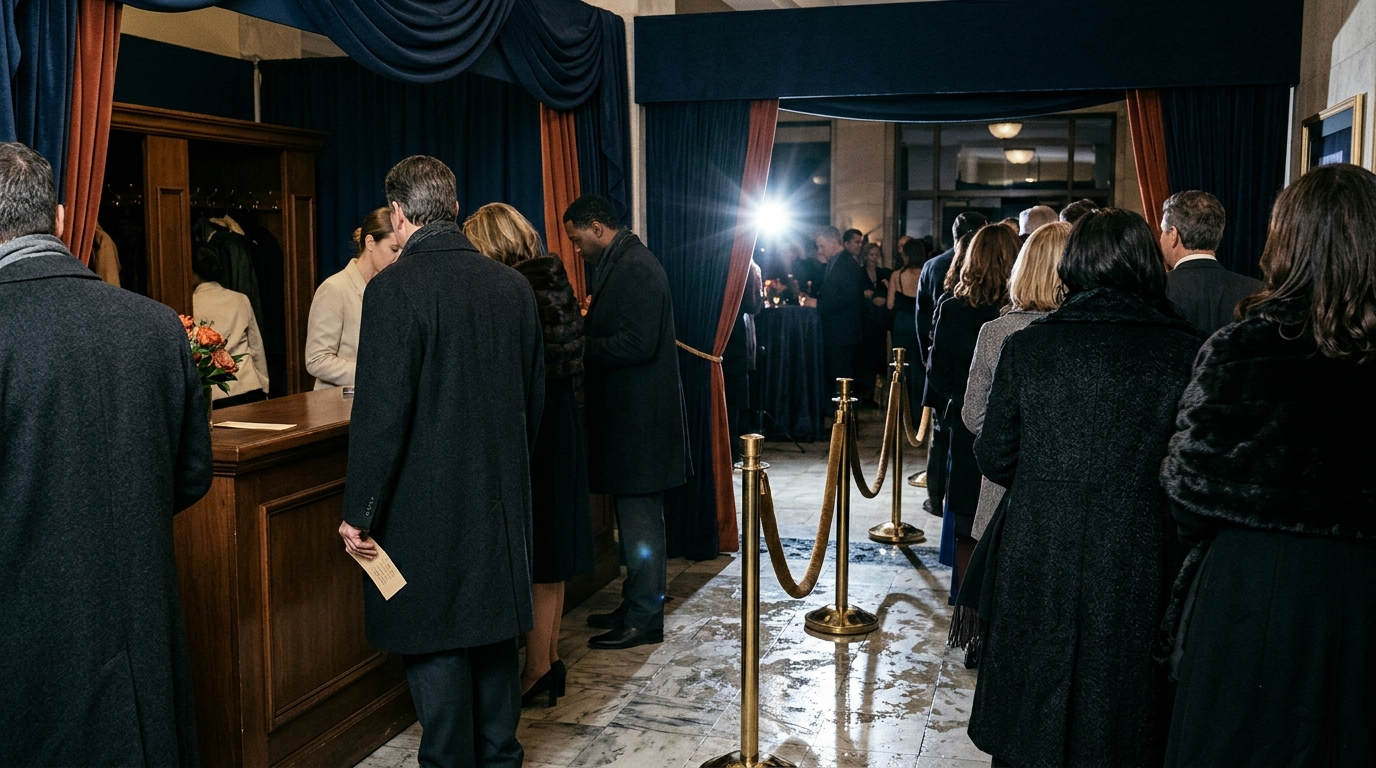 FOYER RECEPTION — Season 1 · Velvet-rope coat check & flash reflections