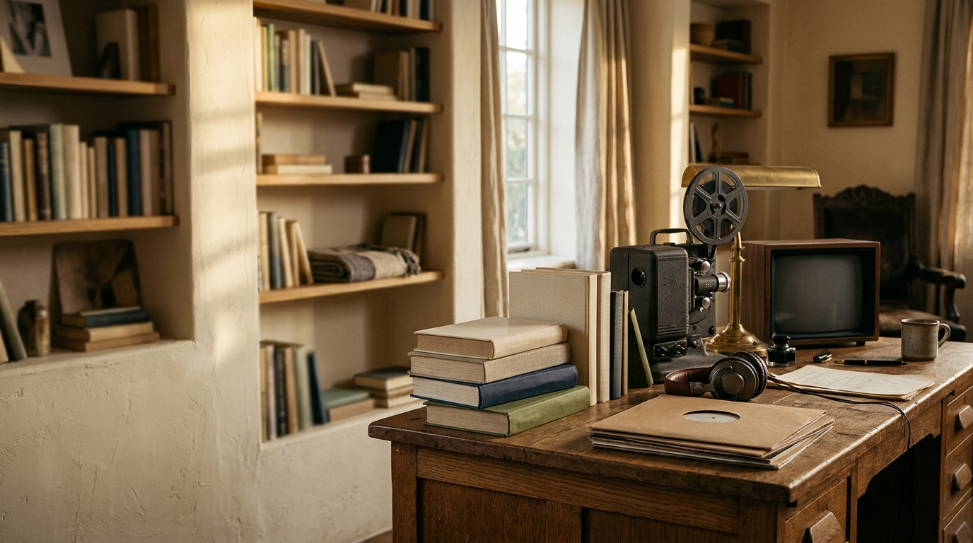 The Approved View culture-desk studio set with curved roundtable, suspended warm halo light ring, and backlit shelving holding books, vinyl records, and film reels