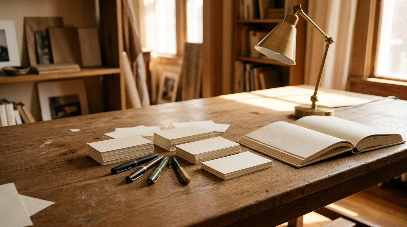 AFTER THE ROUNDTABLE — Season 1 · Oak table, fountain pens & index cards