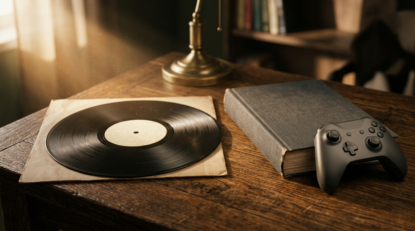 Close desk-top still life of unmarked hardcover books, a black vinyl record beside a blank sleeve, studio headphones, and an unlettered fountain pen
